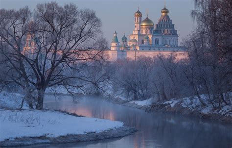 Wallpaper Winter Snow Trees River Cathedral Temple Russia The