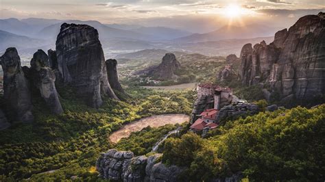 Shrubs Greece Meteora Cliff Landscape Monastery Architecture