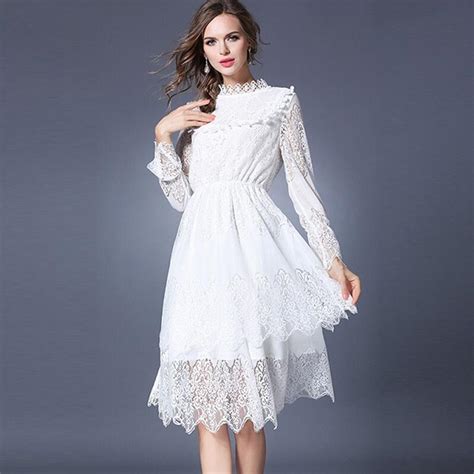 Spring Summer Dresses 2019 Casual White Hollow Out Women Long Sleeves Elastic Waist Solid Color