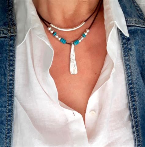 Silver Boho Necklace Turquoise Necklace Leather Choker Etsy UK
