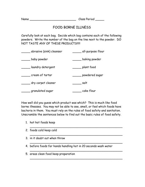 Foodborne Illness Worksheet Answers