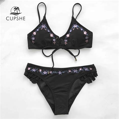 Cupshe Sakura Rain Embroidery Bikini Set Women Black Lace Up Ruffled Swimsuits 2018 Girl Summer