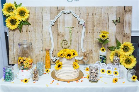 Sunflower Cake Table Upcycle Frame Weathered Wood Backdrop Follow