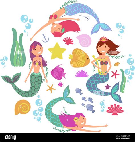 Cartoon Swimming Mermaids And Sea Underwater Animals Vector Collection