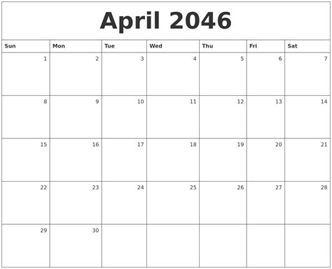 April 2046 Monthly Calendar