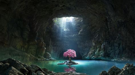 Download 1600x900 Wallpaper Pink Tree Blossom Cave Lake