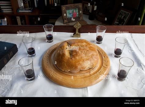 Table Set For With Bread And Wine For Holy Communion In Home Church Uk