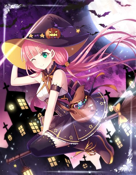 Witch Long Hair Pink Hair Anime Anime Girls Halloween Aqua Eyes