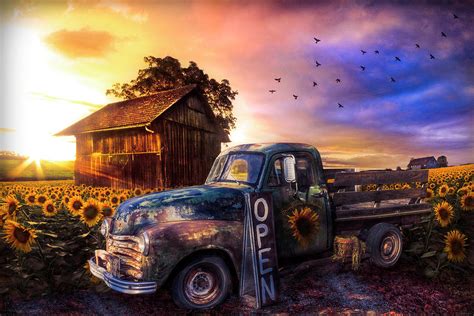 Old Truck At The Sunflower Farm Autumn Sunset Photograph By Debra And