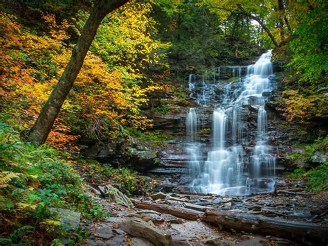 Cascading Waterfall In Fall River Forest Yellow Leaves Rocks