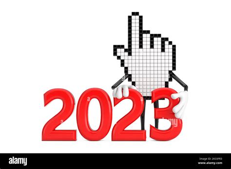mano de pixel cursor mascot personaje de la persona con año nuevo 2023 signo sobre fondo blanco