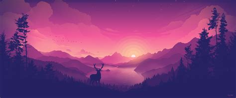 Firewatch digital wallpaper, purple and blue mountains illustration. Lakeside 2019 7680x3215 : WidescreenWallpaper