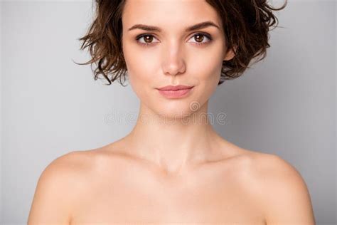 Closeup Photo Of Beautiful Naked Lady Bobbed Short Hairstyle Positive
