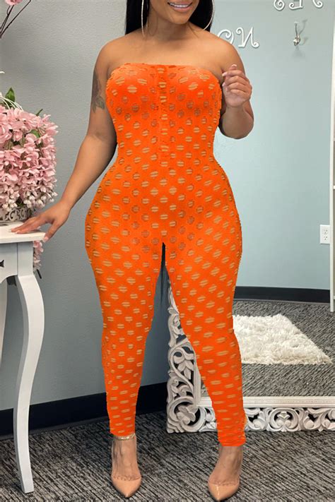 Orange Fashion Sexy Solid Ripped Hollowed Out Strapless Regular Jumpsuits Jumpsuits