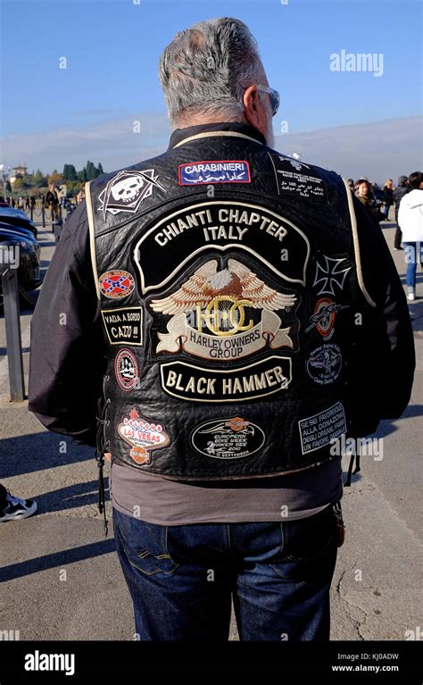 Mature Male Wearing Motorcycle Gang Jacket Florence Italy Stock Photo