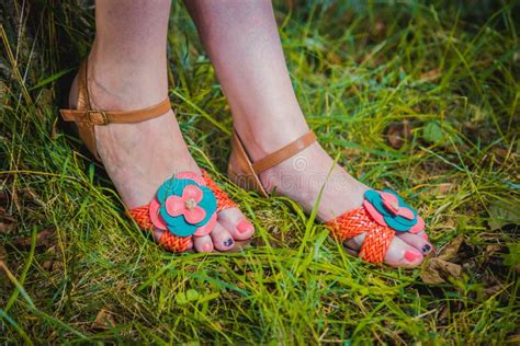 Andals On The Feet Of The Girl Stock Image Image Of Magaschina Rose