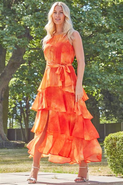 Tie Dye Print Layer Midi Dress In Orange Roman Originals Uk
