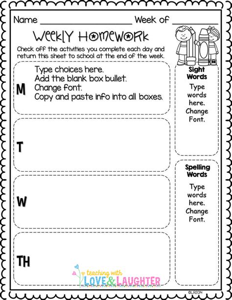 Editable Weekly Homework Checklists Compatible With First Grade