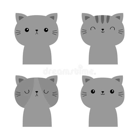 Cat Set Gray Face Icon Line Banner Funny Kawaii Doodle Baby Animal