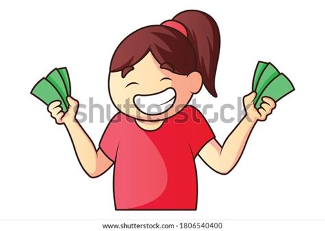 Vector Cartoon Illustration Girl Holding Money Stock Vector Royalty