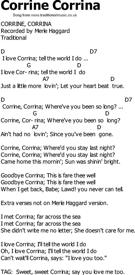 Old Country Song Lyrics With Chords Corrine Corrina