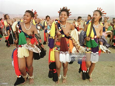 Bare Breasted Swazi Maidens In Traditional Attire