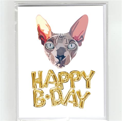 Sphynx Cat And Gold Balloons Happy Birthday Greeting Card Etsy