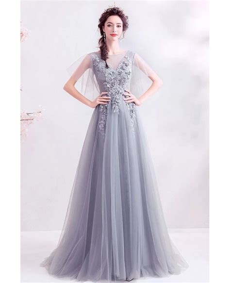 Formal Long Grey Tulle Prom Dress With Puffy Tulle Sleeves Wholesale