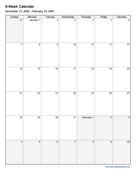 6 Week Calendar Printable Month Calendar Printable