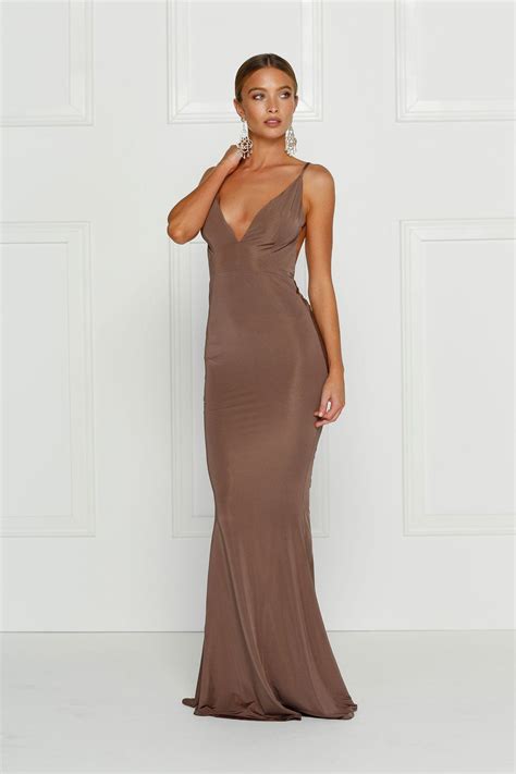 Brown Backless Dress With A Plunging Neckline In A Stretch Fabric