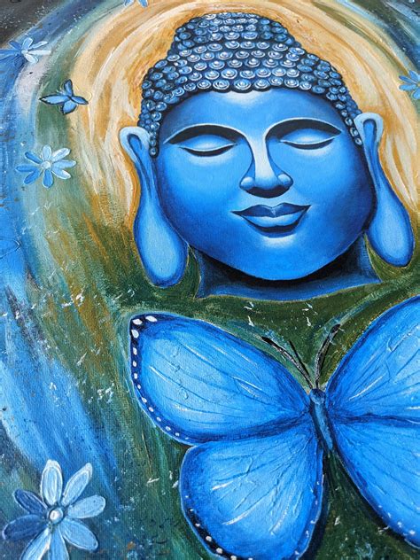 Buddha Painting Blue Buddha Acrylic Painting Buddha Butterfly Painting