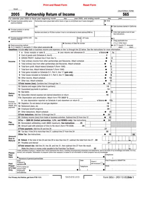 Fillable California Form 565 Partnership Return Of Income 2005