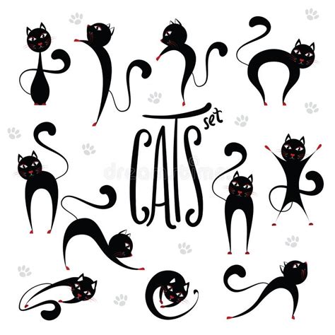 Cute Stylized Black Cats Set In Various Positions Lettering Ins Stock Vector Illustration Of
