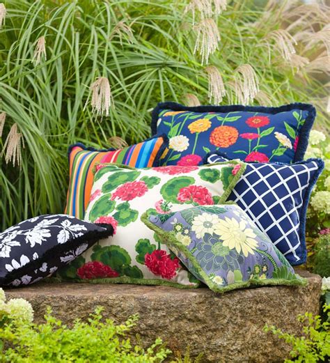Fringe Outdoor Throw Pillow 22”sq Blue Floral Plowhearth