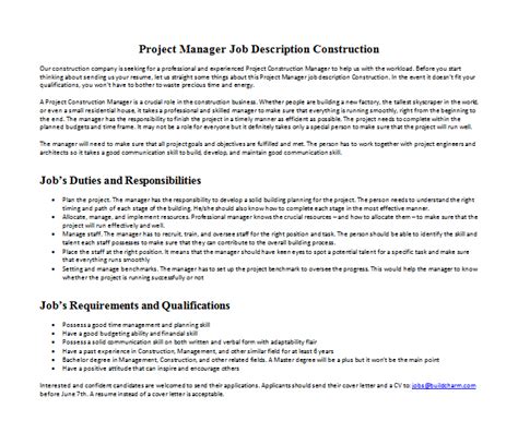 Project Manager Job Description Construction Mous Syusa
