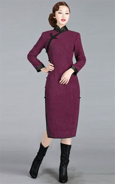 Purple Qipao Woolen Tiny Checks And Long Sleeve 1 Custom Tailored Qipao Brand Modest