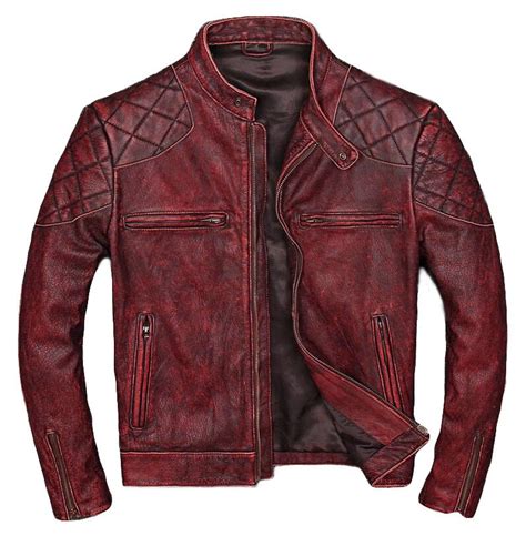 Men S Slim Fit Distressed Red Motorcycle Leather Jacket Men Dimond Quilted Vintage Biker Classic