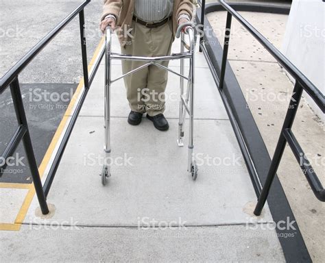 Elderly Man With Walker On Wheelchair Rampmiscellaneous Photos That