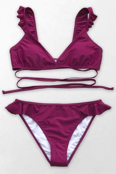 As Sweet As Can Be Our Sugar Plum Ruffled Bikini Set Features A V Neck