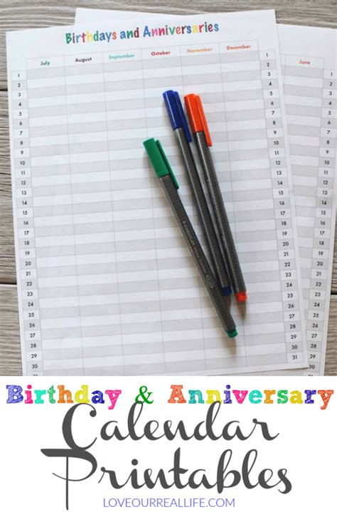 Birthday And Anniversary Calendar Printable ⋆ Love Our Real Life
