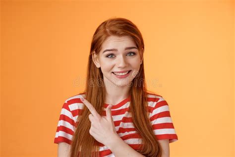 Close Up Silly Cute Redhead Female Trying Help Showing Way Smiling Friendly Politely Introduce