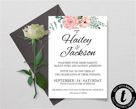 Printable Rose Wedding Invitation Floral Modern Wedding Etsy Singapore