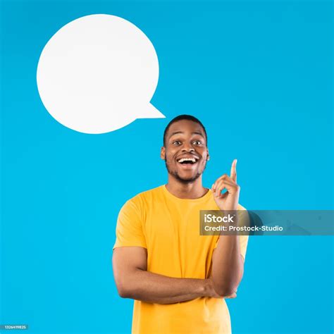 Black Guy Having Idea Posing With Speech Bubble Blue Background Stock