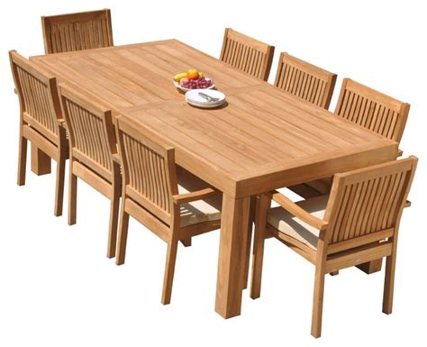 9 Piece Outdoor Teak Dining Set 86 Rectangle Table 8 Leveb Stacking