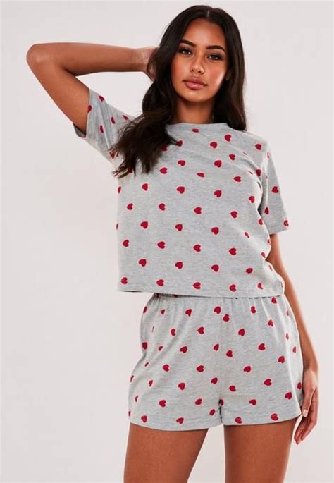 Grey Heart Print T Shirt And Shorts Pyjama Set In 2020 Sleepwear Women Short Pajama Set T