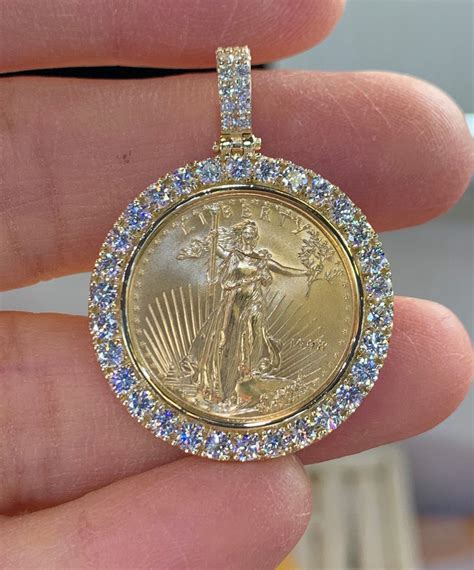 Diamond Gold Coin Pendant Gold Coin Medallion Necklace Mens Etsy
