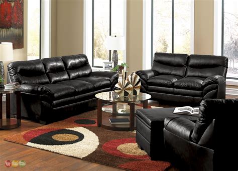 Casual Contemporary Black Bonded Leather Sofa Set Living