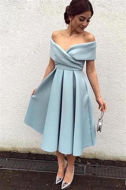 Baby Blue Satin Prom Dress Tea Length Off The Shoulder Evening Dresses