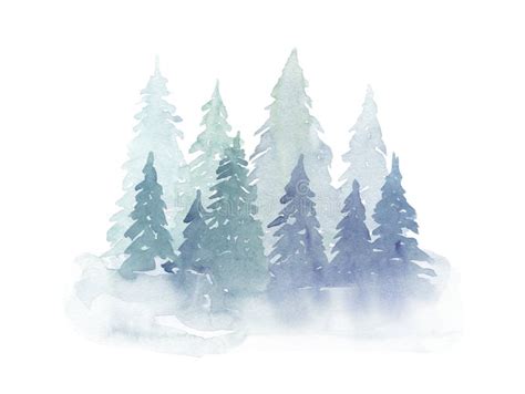 Winter Watercolor Fir Trees In The Fog Hand Drawing Stock Illustration
