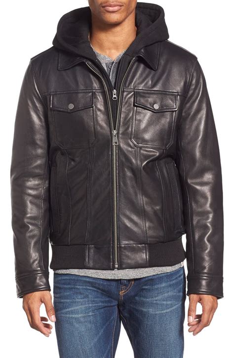 Black Rivet Leather Jacket With Fleece Knit Hooded Bib Nordstrom